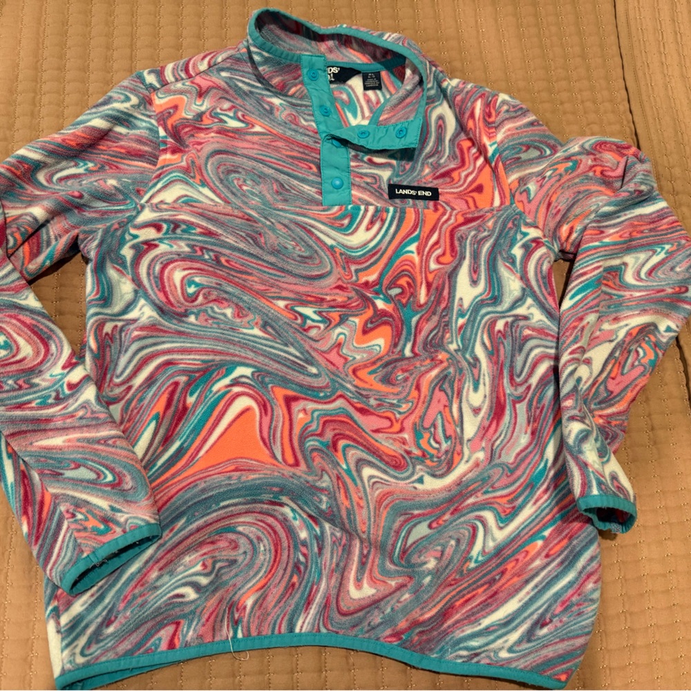 Lands' End Teal and Pink Swirl fleece pullover